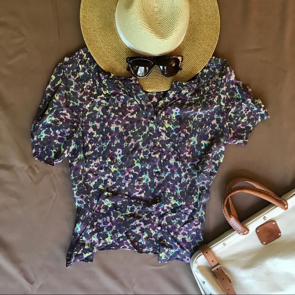 Boden floral print sheer top with detail.